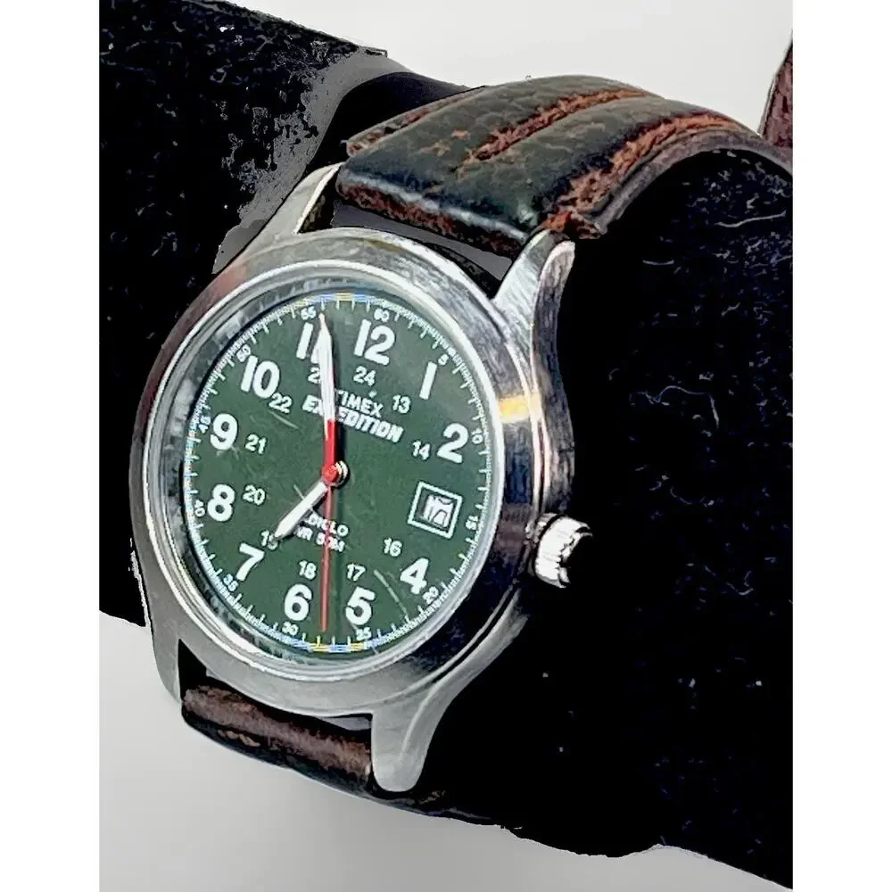 Timex Expedition Mens Watch 36mm Green Dial Leather Indiglo Date *Needs Battery